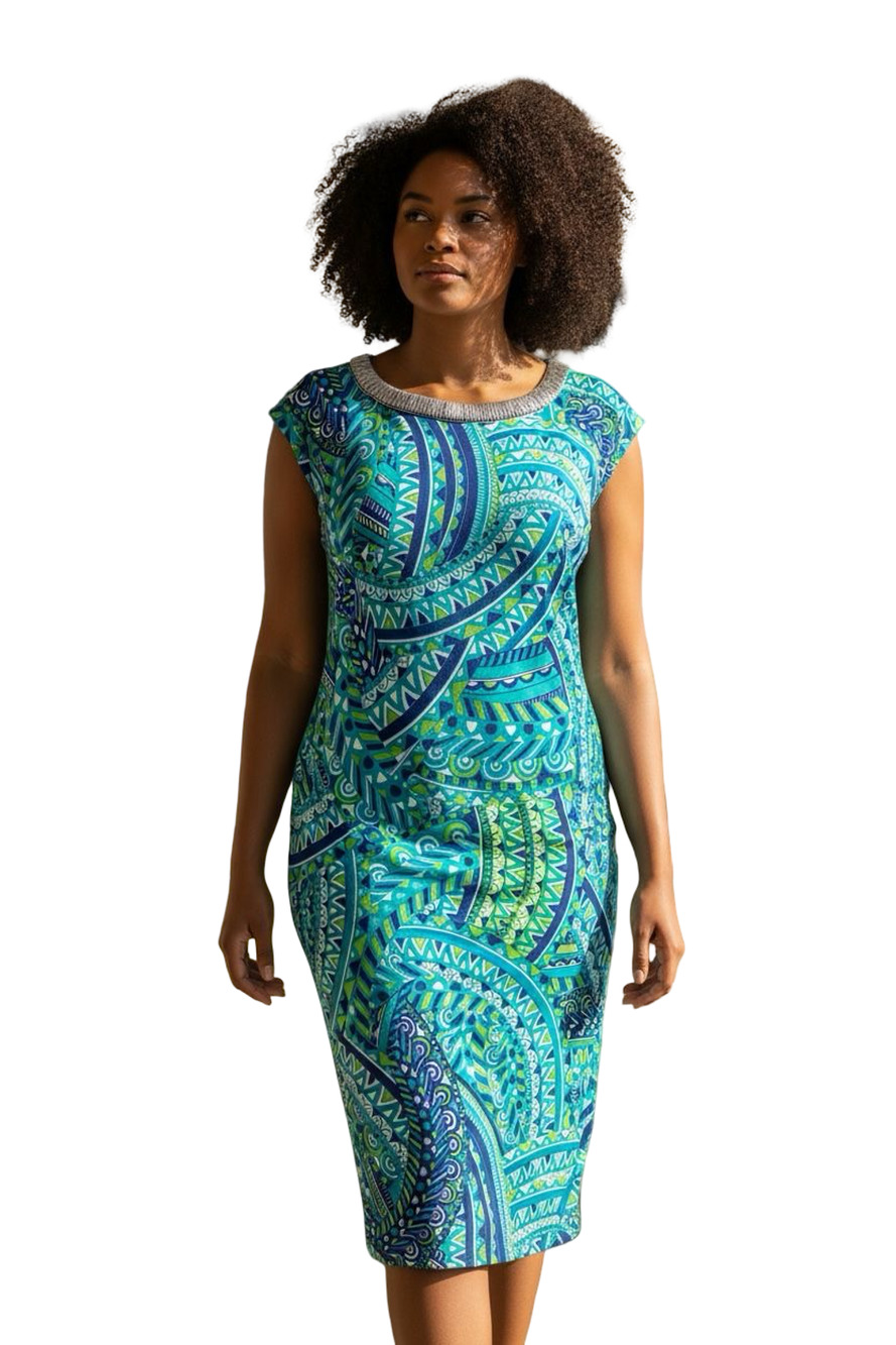 Studio One New York Teal Sheath Jersey Knit Cap Sleeve Knee Length Dress 3 X